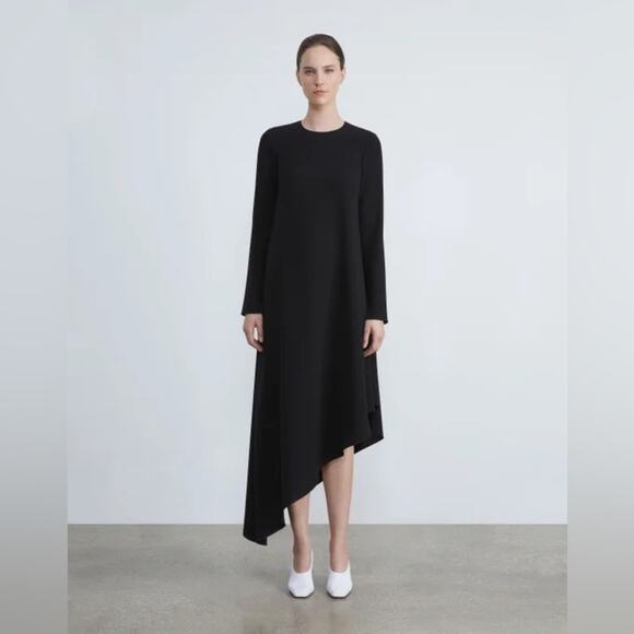LAFAYETTE 148 NEW YORK Finesse Black Crepe Asymmetric Midi Dress Women's Medium - Picture 1 of 8
